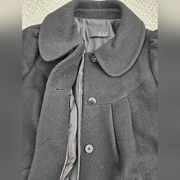 Women's Sz Small Wool Coat Jacket in Black w Oversized Collar and Puff Shoulders - Picture 4 of 11